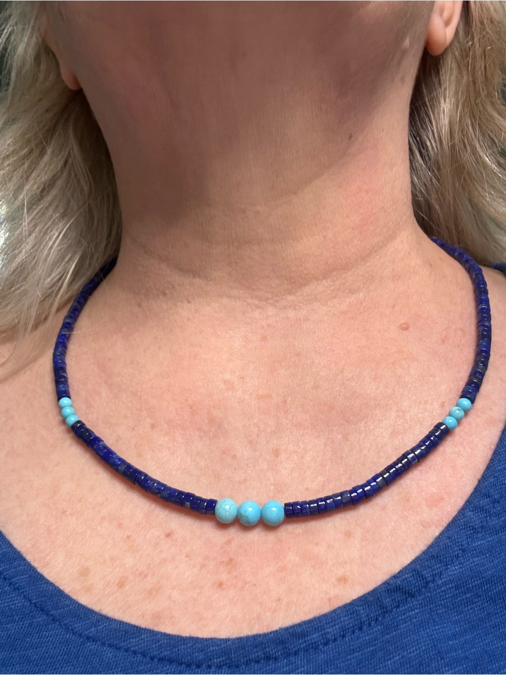 20” Handmade Lapis Lazuli Heishi Necklace with Turquoise Beaded Accents